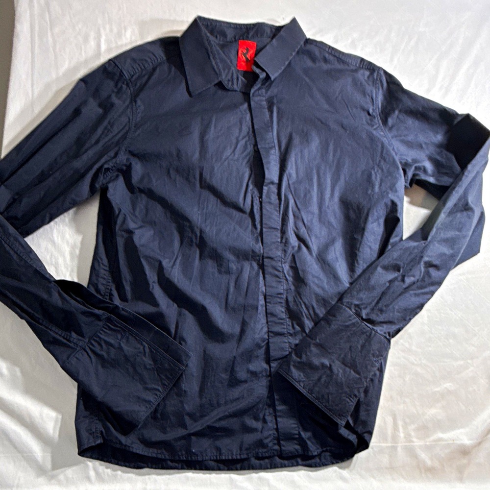 Ferrari Men's Solid Navy 100% Cotton Long Sleeve Collared Dress Shirt XL